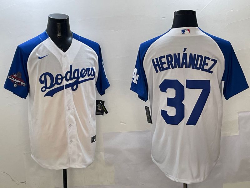 Men Los Angeles Dodgers 37 Hernandez White Blue Fashion Game 2025 Nike MLB Jersey style 3